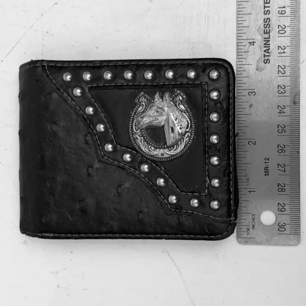 Mens Western Black Ostrich Print Bifold Wallet Studded Horse Head Concho